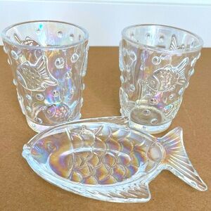 Clear Iridescent Glass Bathroom Set 2 Drinking Glasses Fish Shaped Soap Dish